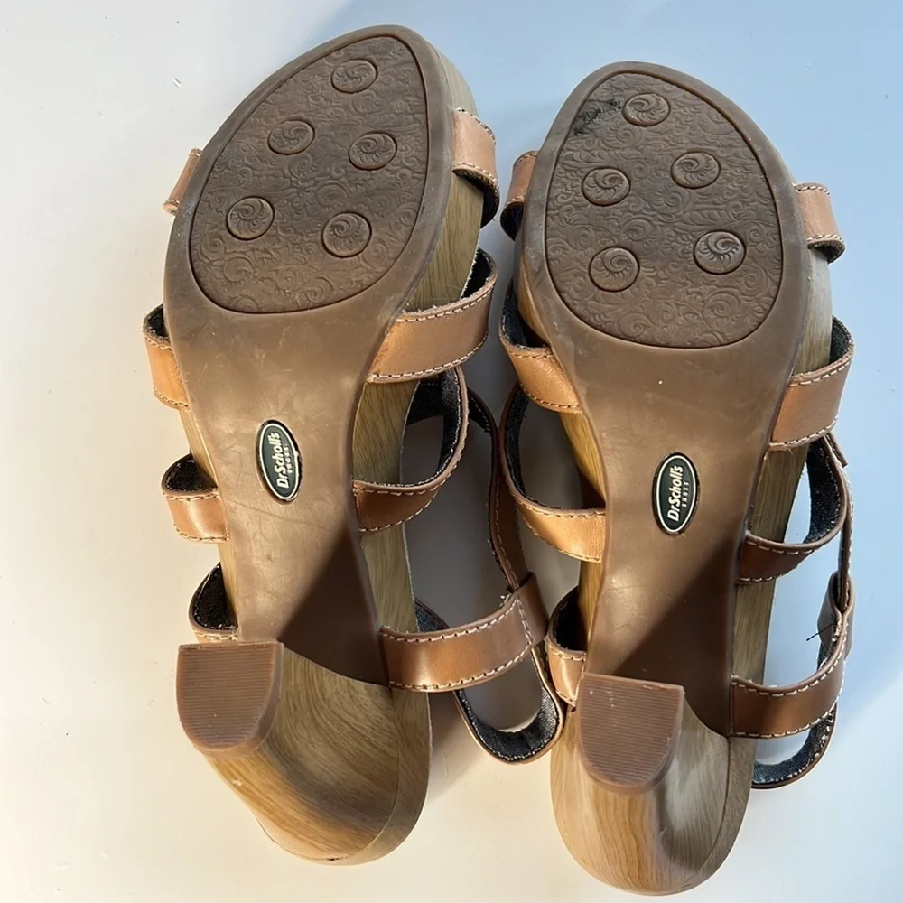 Dr. Scholl’s Band Platform Sandals Tan Leather Strappy Wooden Heel Size 10